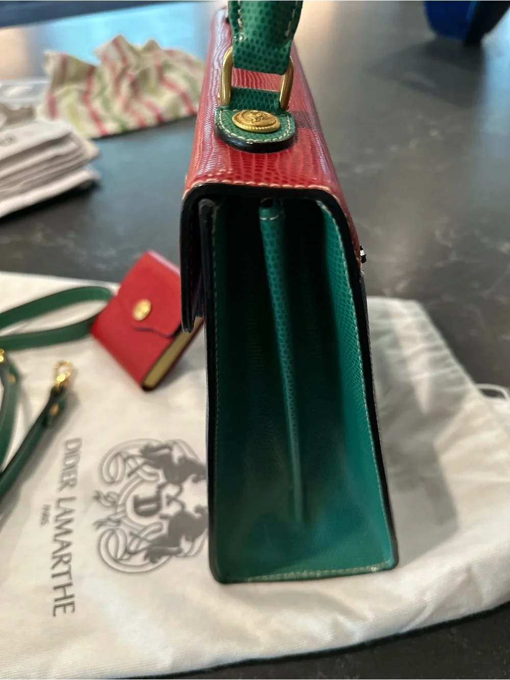 Didier Lamarthe Vintage Structured Leather Satchel in Red, Blue & Green